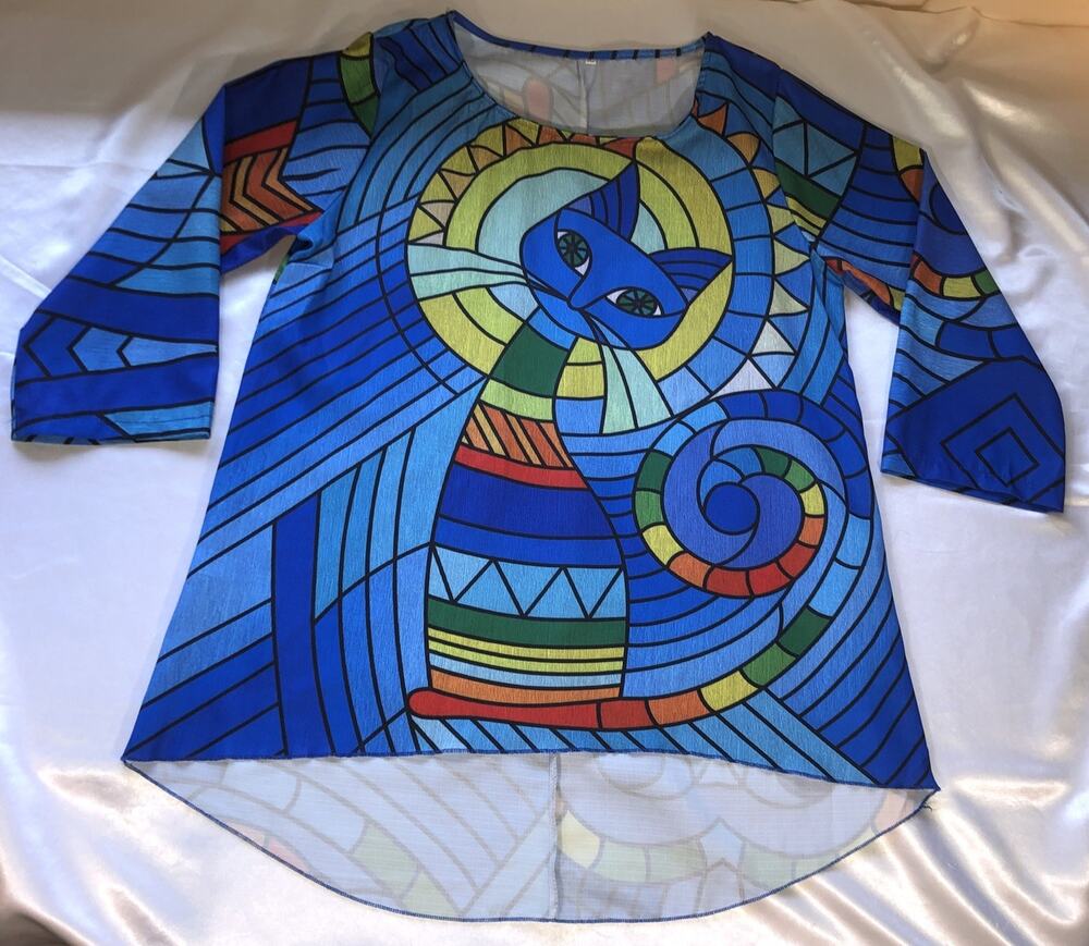 Shirt Blouse Tunic Kitty Cat Abstract Art Stained Glass Pattern Multiclor Sz 2XL